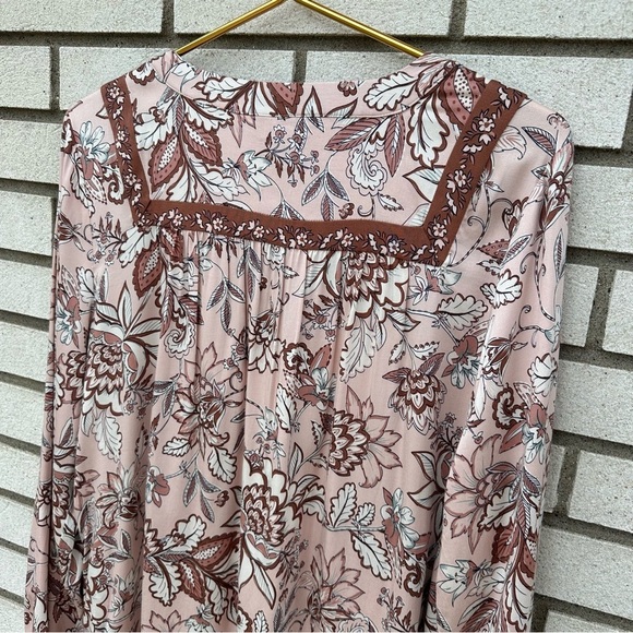 J Jill Floral Long Sleeve V-Neck Bohemian Peasant Contrast Light Pink Blouse Top - Picture 10 of 13